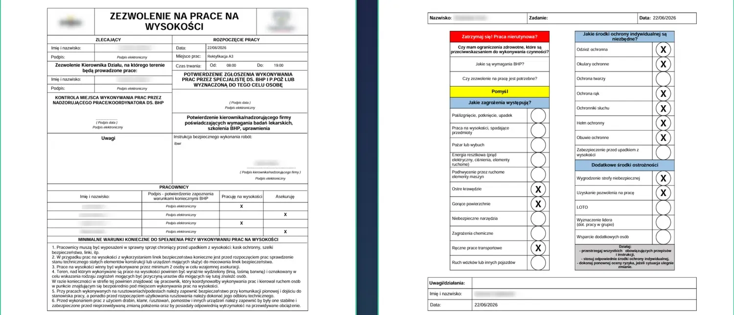 Cyfrowe zezwolenie na pracę na wysokości — formularz z checklistą BHP i podpisami elektronicznymi