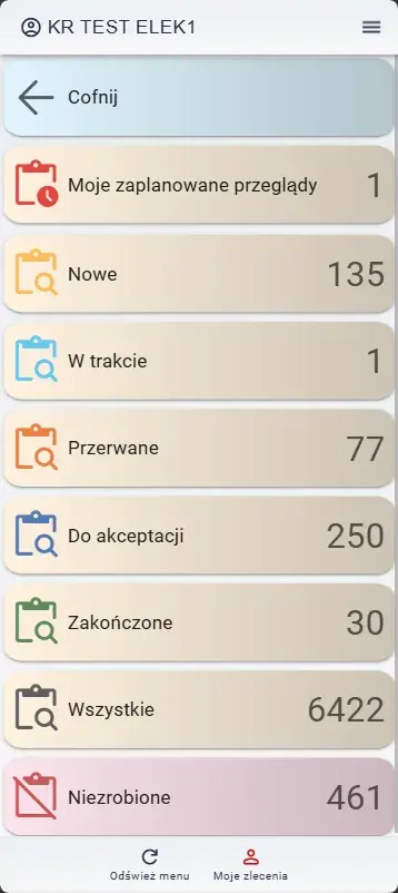 Aplikacja mobilna SimplyMobile CMMS – pulpit technika „Moje zlecenia” z licznikami zleceń wg statusu