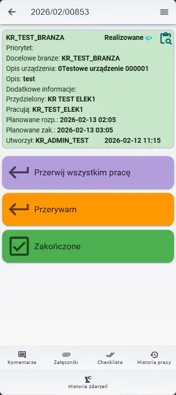 Aplikacja mobilna CMMS – zlecenie w trakcie realizacji z opcjami przerwania i zakończenia pracy