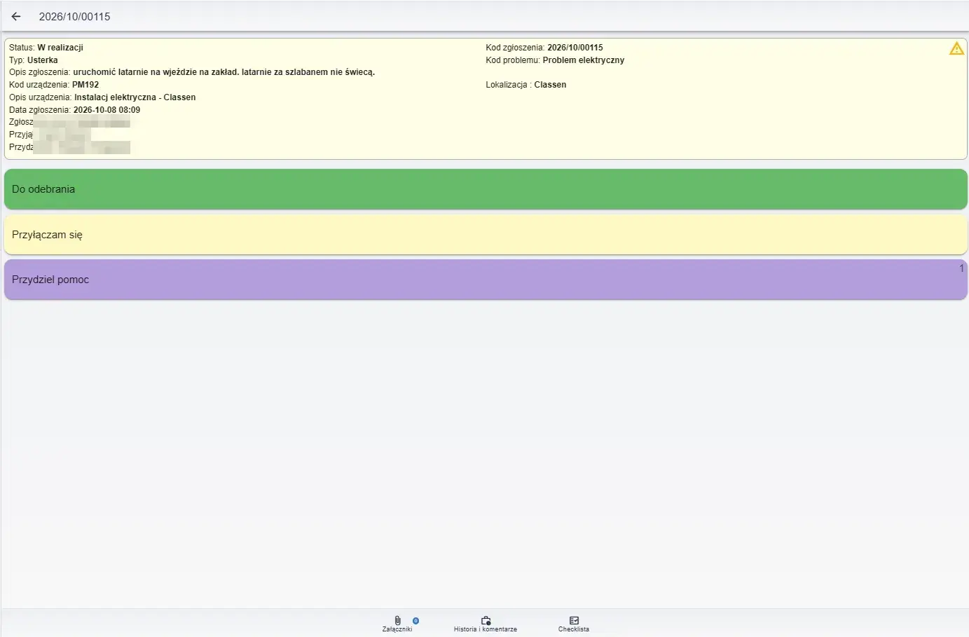 Szczegóły zlecenia na tablecie – status, opis usterki, lokalizacja oraz załączniki, historia i checklista