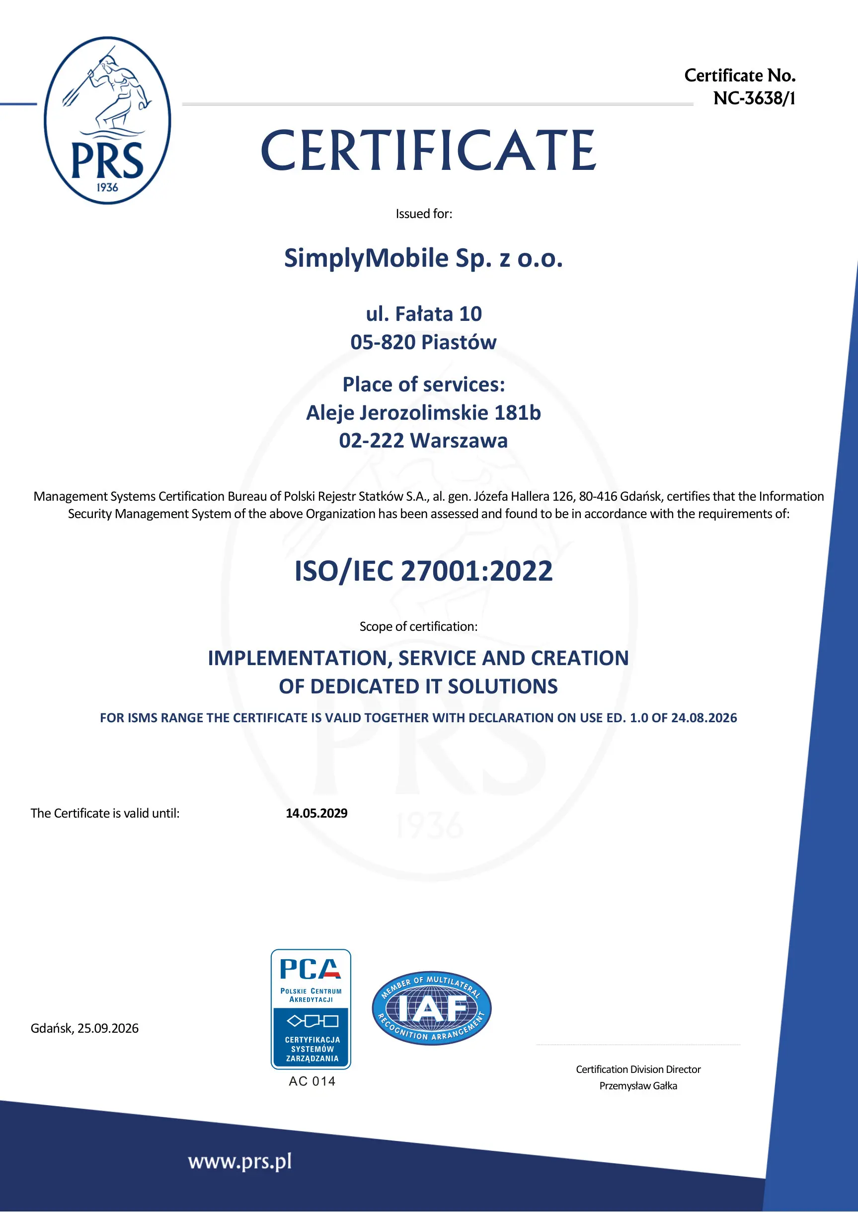 Certyfikat ISO/IEC 27001:2022 firmy SimplyMobile wydany przez PRS