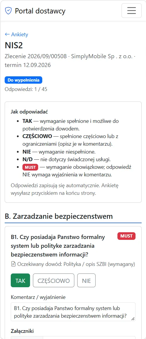 Wypełnianie ankiety NIS2 w portalu dostawcy — pytanie obowiązkowe (MUST) z komentarzem i załącznikami (zrzut ekranu)