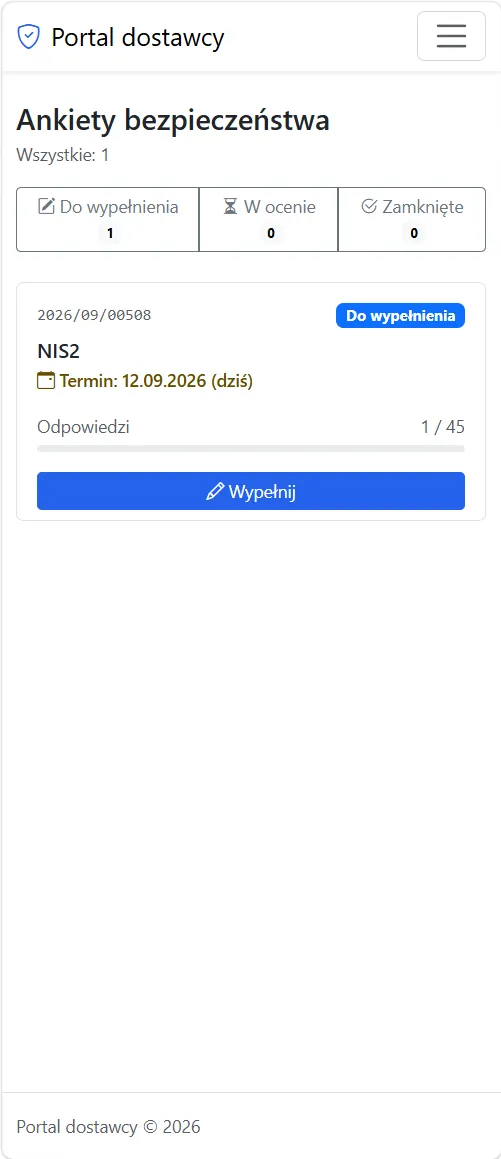 Portal dostawcy SimplyMobile — lista ankiet bezpieczeństwa ze statusem i terminem (zrzut ekranu)